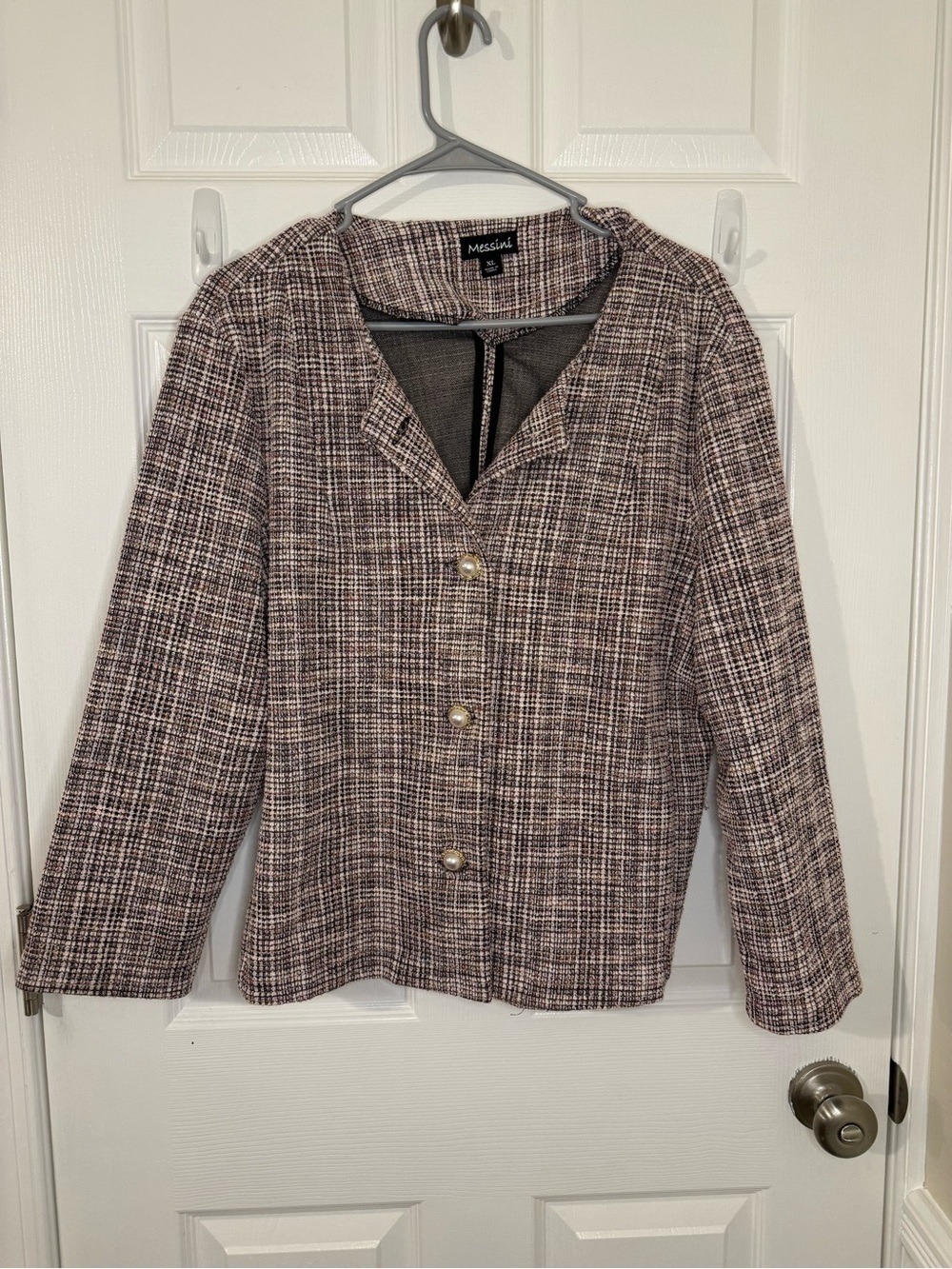 Messini Tweed Pearl Button Blazer Jacket XL Pink Black Boucle Chic